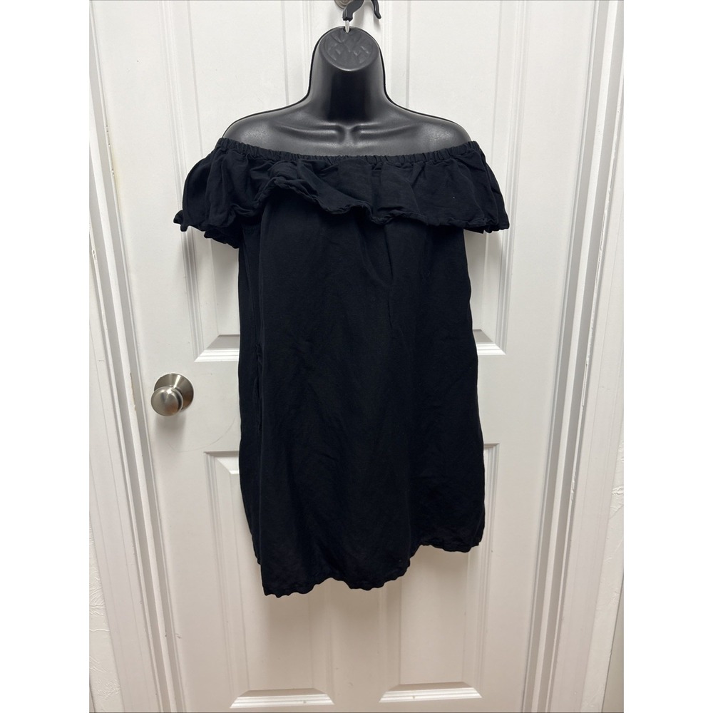 Tommy Bahama St. Lucia Linen Blend Off Shoulder Coverup Dress Ruffle Black Sz M